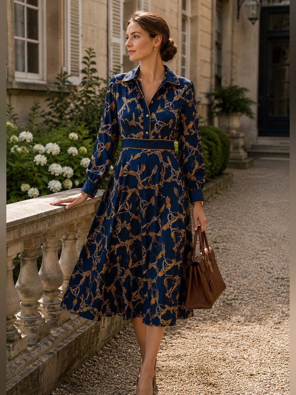 Besionia Milano 100%Mulberry Silk Bridle Print Equestrian Midi Dress Old Money M
